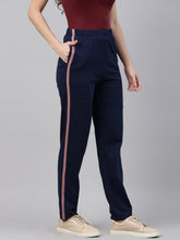 Load image into Gallery viewer, Go Colors Navy Cotton Stretch Side Stripes Track Pant
