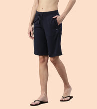 Load image into Gallery viewer, Enamor Mid Rise Knee length Drawstring Closure City Shorts For Women - Slim Fit, Soft and Breathable Cotton - E044 (Navy)
