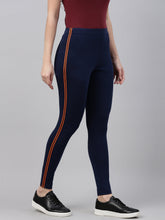 Load image into Gallery viewer, Go Colors Navy Cotton Stretch Side Stripes Active Leggings
