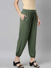 Load image into Gallery viewer, Go Colors Dark Olive Viscose Stretch Harems
