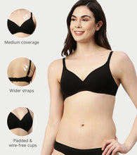 Load image into Gallery viewer, Enamor Supima Cotton Women's Plunge Lift Everyday T-Shirt Bra - Extra Comfort, Padded, Wirefree, Medium Coverage - A039 (Black)
