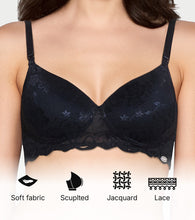 Load image into Gallery viewer, Enamor The Balconette T-Shirt Bra for Women, Padded , Wire-Free, Medium Coverage, Scallop Lace, Jacquard - FE39 (Black)
