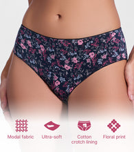 Load image into Gallery viewer, Enamor P177 Ultimate Softness Modal Hipster Panty for Women - Mid Waist, Outer Elastic, Medium Coverage (Black Bouquet Print)
