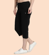 Load image into Gallery viewer, Enamor Mid Rise Capri length Drawstring Closure Lounge Capri for Women - Slim Fit, Soft and Breathable Stretch Cotton - E018 (Jet Black)

