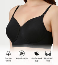 Load image into Gallery viewer, Enamor Innovations Fabcool Breathable Cup Women's T-Shirt Bra - Antimicrobial Comfort, Perforated Cups Padded, Wirefree, High Coverage - A165 (Black)
