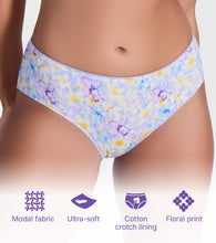 Load image into Gallery viewer, Enamor P177 Ultimate Softness Modal Hipster Panty for Women - Mid Waist, Outer Elastic, Medium Coverage (Lilac Garden Print)
