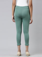 Load image into Gallery viewer, Go Colors Leaf Green Cotton Stretch  Cropped Leggings
