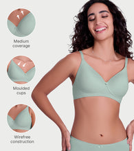 Load image into Gallery viewer, Enamor Ultra Smooth T-Shirt Bra - Padded, Non-Wired, Full Coverage - A127 (Jet Black/Jade Green)-Pack of 2
