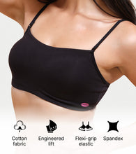 Load image into Gallery viewer, Enamor Moulded Double Layer Front Women's Cotton Cami Bra - Detachable Slim Straps with Back Keyhole, Non Padded, Wirefree, High Coverage - A022 (Black)
