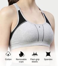 Load image into Gallery viewer, Enamor Medium Impact, Side Panel Shaping, Racer Back Women's Cotton Sports Bra - Padding with Removable Cups, Wirefree, High Coverage - SB08 (Greymelange)
