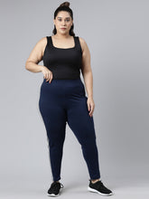 Load image into Gallery viewer, Go Colors Navy Cotton Stretch Side Stripes Active Leggings

