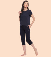 Load image into Gallery viewer, Enamor Mid Rise Capri length Drawstring Closure Lounge Capri for Women - Slim Fit, Soft and Breathable Stretch Cotton - E018 (Navy)
