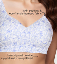 Load image into Gallery viewer, Enamor Innovations Bamboo Bliss, everyday ,Full Support , Women's T-Shirt Bra - Super soft, naturally absorbent &amp; Antimicrobial, Padded, Wirefree, High Coverage - A077 (Blue Tinted Wings Print)
