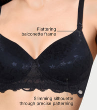 Load image into Gallery viewer, Enamor The Balconette T-Shirt Bra for Women, Padded , Wire-Free, Medium Coverage, Scallop Lace, Jacquard - FE39 (Black)
