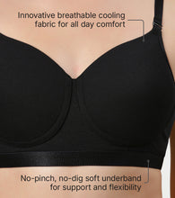 Load image into Gallery viewer, Enamor Innovations Fabcool Breathable Cup Women's T-Shirt Bra - Antimicrobial Comfort, Perforated Cups Padded, Wirefree, High Coverage - A165 (Black)
