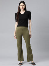 Load image into Gallery viewer, Go Colors Olive Green Cotton Stretch Flared Pant
