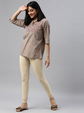 Load image into Gallery viewer, Go Colors Dark Cream Cotton Stretch Churidar
