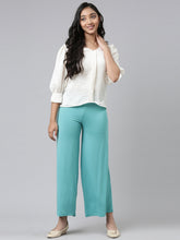 Load image into Gallery viewer, Go Colors Peacock Green Viscose Stretch Knit Palazzo
