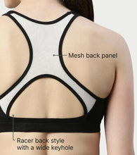 Load image into Gallery viewer, Enamor Medium Impact, Side Panel Shaping, Racer Back Women's Cotton Sports Bra - Padding with Removable Cups, Wirefree, High Coverage - SB08 (Black)

