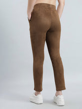Load image into Gallery viewer, Go Colors Brown Poly Stretch Suede Tregging
