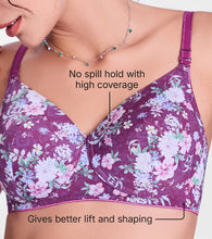 Load image into Gallery viewer, Enamor Innovations  Ecolite, smoother Perfect Lift Women's T-Shirt Bra - Padded, Wirefree, High Coverage  - F165 (Damask Plum Print)
