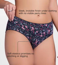 Load image into Gallery viewer, Enamor P177 Ultimate Softness Modal Hipster Panty for Women - Mid Waist, Outer Elastic, Medium Coverage (Black Bouquet Print)
