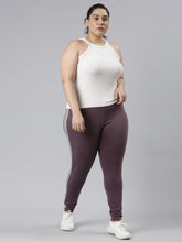 Load image into Gallery viewer, Go Colors Purple Cotton Stretch Side Stripes Active Leggings

