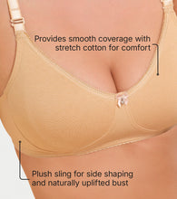 Load image into Gallery viewer, Enamor Comfort Shaper with Plush Side Shaper Panel Women's Cotton Everyday T-Shirt Bra - Detachable Straps, Non Padded, Wirefree, High Coverage - A055 (Skin)
