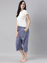Load image into Gallery viewer, Go Colors Blue Woven Viscose Printed Lounge Capri
