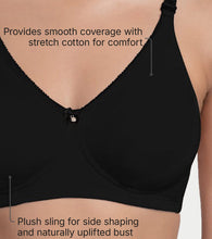 Load image into Gallery viewer, Enamor Comfort Shaper with Plush Side Shaper Panel Women's Cotton Everyday T-Shirt Bra - Detachable Straps, Non Padded, Wirefree, High Coverage - A055 (Black)
