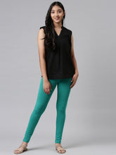Load image into Gallery viewer, Go Colors Peacock Green Cotton Stretch  Ankle Length Leggings

