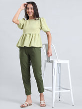 Load image into Gallery viewer, Go Colors Olive Green Cotton Pencil Pant
