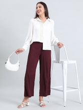 Load image into Gallery viewer, Go Colors Dark Wine Crepe Wide Trouser
