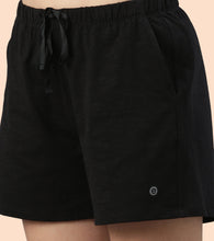 Load image into Gallery viewer, Enamor Drawstring Mid Thigh Length Mid Rise Basic Shorts - Relaxed Fit, Super Soft Cotton - E062 (Jet Black)
