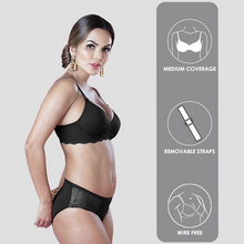 Load image into Gallery viewer, Sonari Romantic Nylon Spandex Lace Medium Coverage Padded Wirefree Bridal Lingerie Set with Low Rise Bikini Panty – FLASH
