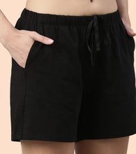 Load image into Gallery viewer, Enamor Drawstring Mid Thigh Length Mid Rise Basic Shorts - Relaxed Fit, Super Soft Cotton - E062 (Jet Black)
