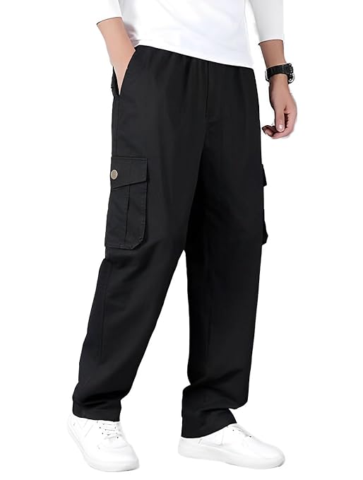 Romano nx Cotton Casual Cargo Track Pant for Men- Lower with Multi-Pockets & Side Zipper Pockets Black