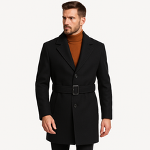 Load image into Gallery viewer, Romano NX Men’s Black Wool Overcoat with Belt | Premium winter coat designed for style, comfort &amp; warmth | Perfect for business, travel &amp; casual wear
