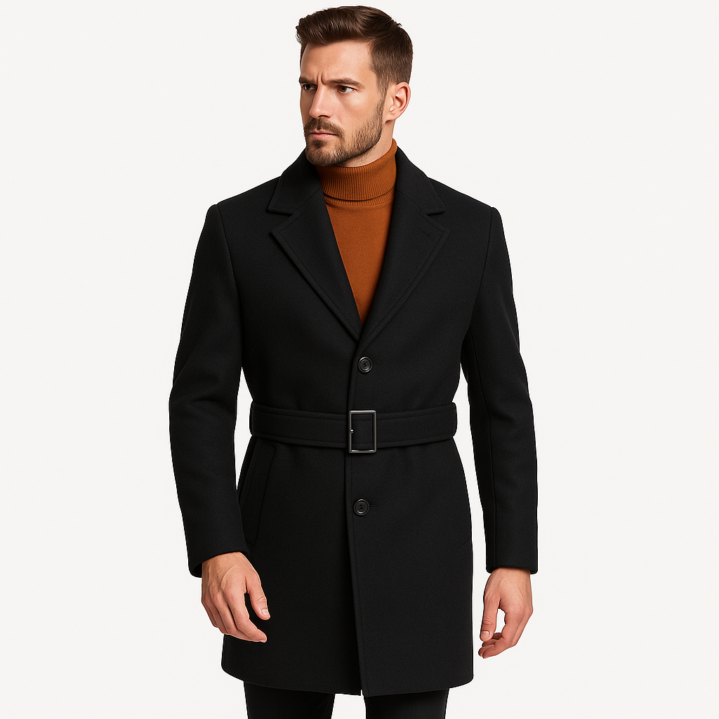 Romano NX Men’s Black Wool Overcoat with Belt | Premium winter coat designed for style, comfort & warmth | Perfect for business, travel & casual wear