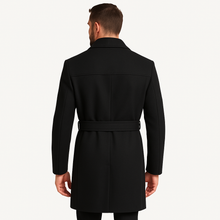 Load image into Gallery viewer, Romano NX Men’s Black Wool Overcoat with Belt | Premium winter coat designed for style, comfort &amp; warmth | Perfect for business, travel &amp; casual wear
