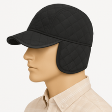 Load image into Gallery viewer, Romano nx Black Quilted Winter Cap with Ear Flaps for Men – Warm &amp; Adjustable Hat for Cold Weather
