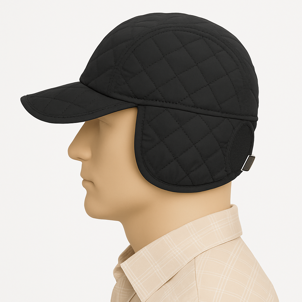 Romano nx Black Quilted Winter Cap with Ear Flaps for Men – Warm & Adjustable Hat for Cold Weather