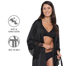 Load image into Gallery viewer, Wacoal Lacy Sleeves Knee Length Shiny Finish Wrap-Over Bridal Wear Satin Robe - Black DI08A01

