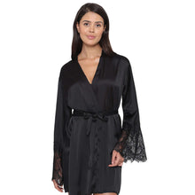 Load image into Gallery viewer, Wacoal Lacy Sleeves Knee Length Shiny Finish Wrap-Over Bridal Wear Satin Robe - Black DI08A01
