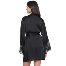 Load image into Gallery viewer, Wacoal Lacy Sleeves Knee Length Shiny Finish Wrap-Over Bridal Wear Satin Robe - Black DI08A01
