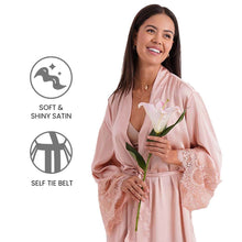 Load image into Gallery viewer, Wacoal Lacy Sleeves Knee Length Shiny Finish Wrap-Over Bridal Wear Satin Robe - Peach DI08A01
