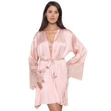 Load image into Gallery viewer, Wacoal Lacy Sleeves Knee Length Shiny Finish Wrap-Over Bridal Wear Satin Robe - Peach DI08A01
