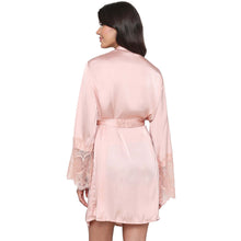 Load image into Gallery viewer, Wacoal Lacy Sleeves Knee Length Shiny Finish Wrap-Over Bridal Wear Satin Robe - Peach DI08A01
