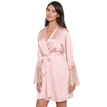 Load image into Gallery viewer, Wacoal Lacy Sleeves Knee Length Shiny Finish Wrap-Over Bridal Wear Satin Robe - Peach DI08A01
