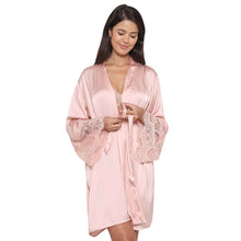 Load image into Gallery viewer, Wacoal Lacy Sleeves Knee Length Shiny Finish Wrap-Over Bridal Wear Satin Robe - Peach DI08A01
